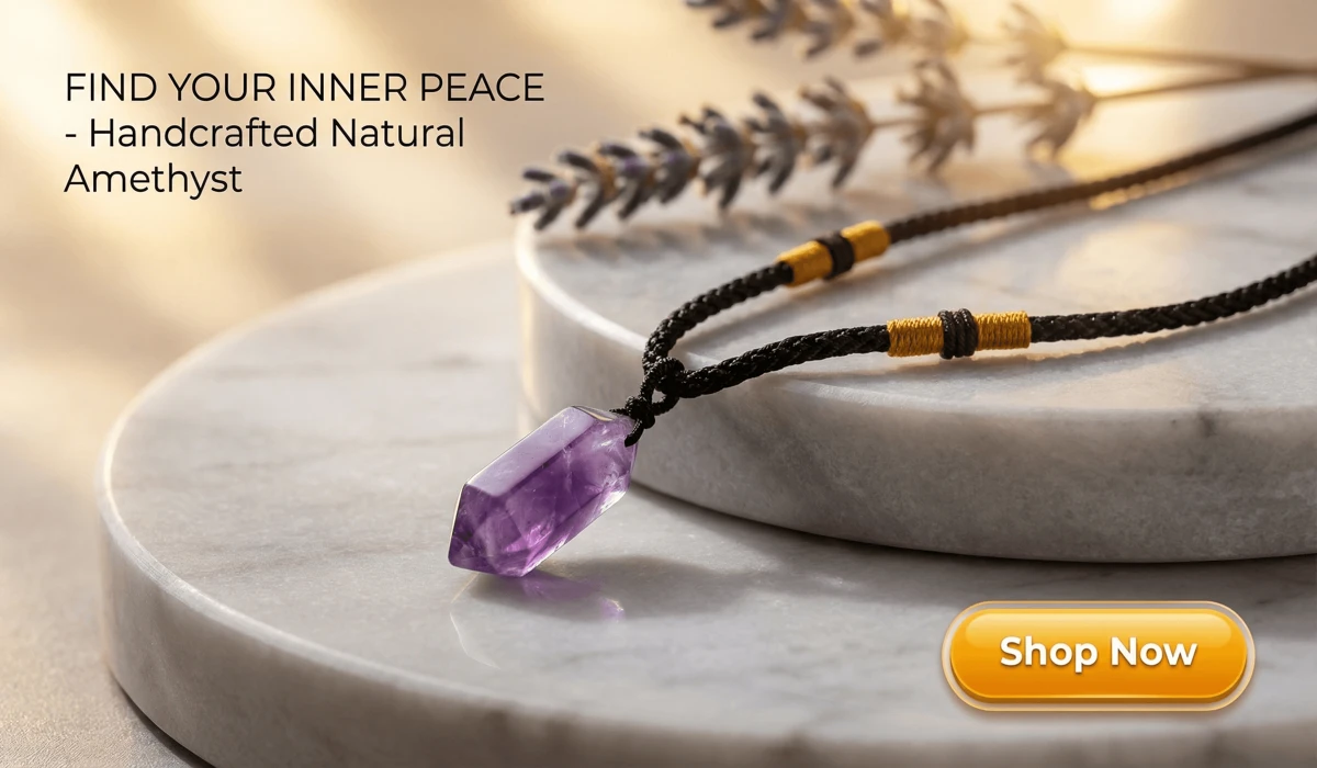 Amethyst Serenity Necklace featuring a purple crystal pendant for spiritual balance, premium jewelry for SEO blog with Shop Now button.