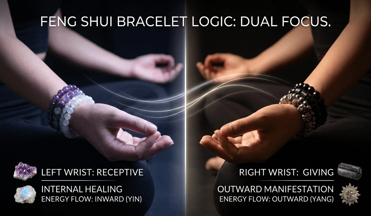 Comparison of wearing crystal bracelets on the left receptive hand versus the right giving hand for energy flow.