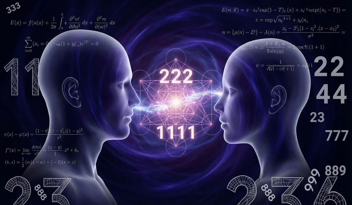 Two souls connected by a glowing light thread and repeating angel numbers, symbolizing synchronicity and telepathic resonance.