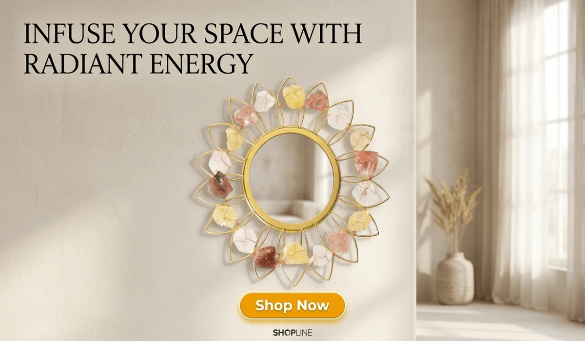 Sun-Shaped Wall Mirror with Natural Citrine and Agate crystals for high-end boho home decor and spiritual wellness.