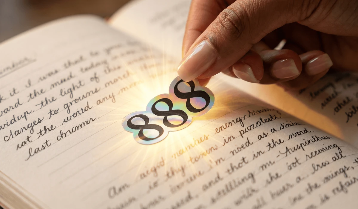 Close-up of a hand placing an 888 angel number sticker on a manifestation journal page to anchor the frequency of abundance.