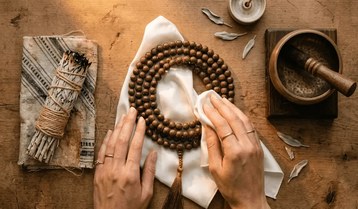 A person performing a cleansing ritual on Phoebe Zhennan beads using a soft cloth and sage.