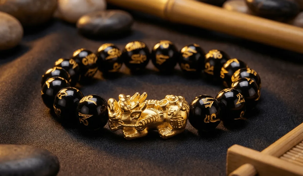 A detailed close-up of a Feng Shui wealth bracelet featuring a gold Pixiu charm and black obsidian beads with sacred mantras.