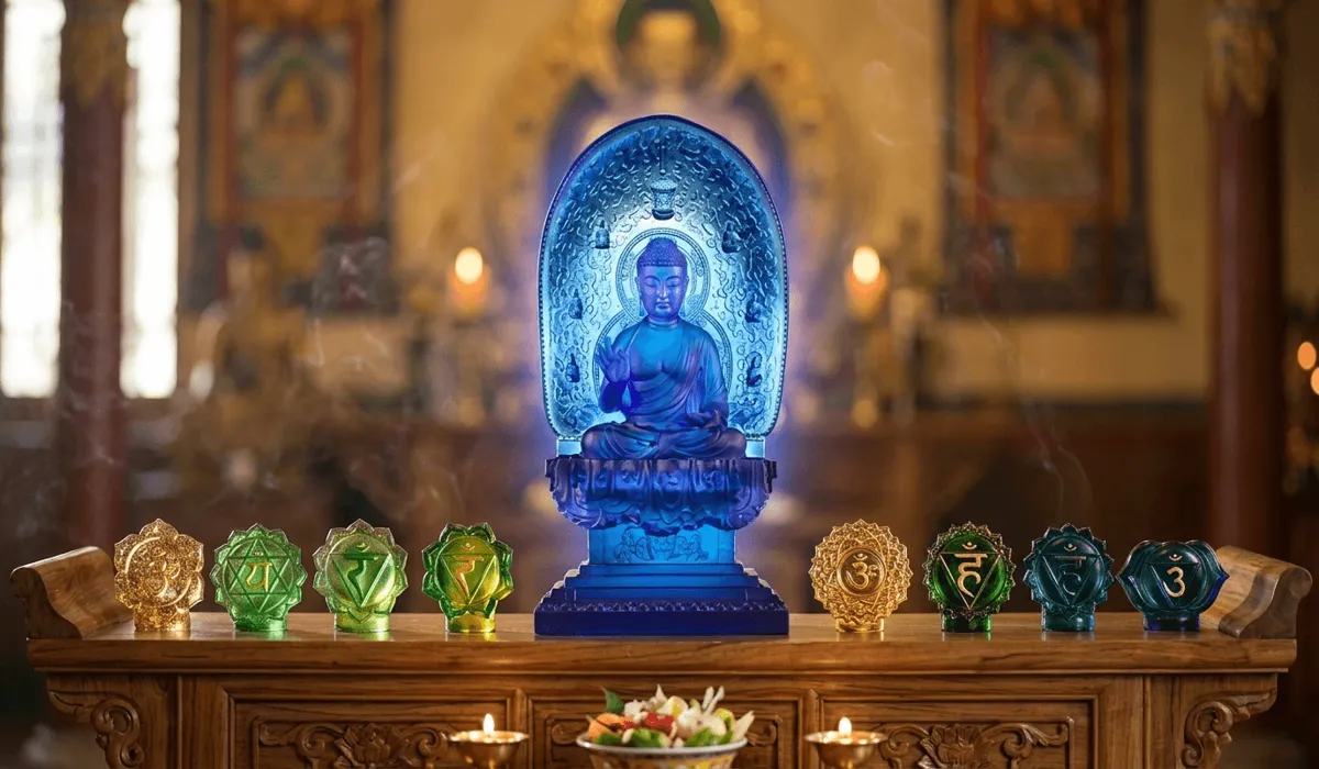 Blue Liuli Medicine Buddha statue and colorful glass artifacts representing chakra healing and spiritual symbolism.