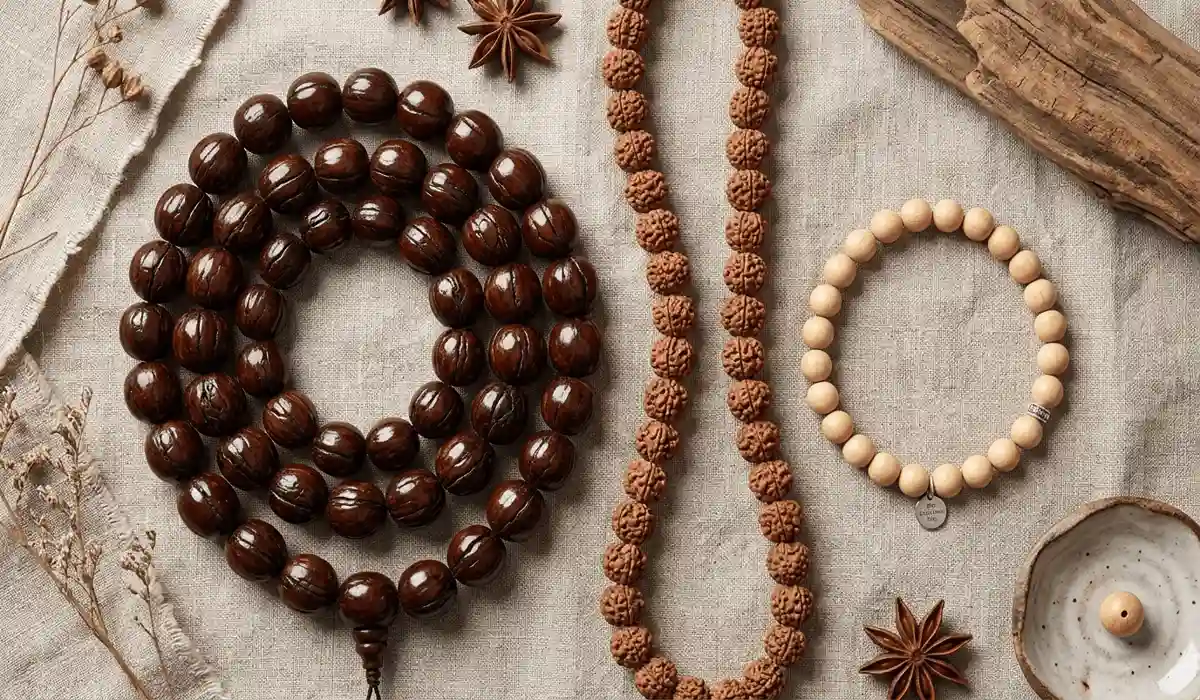Visual comparison of aged Bodhi seeds versus Rudraksha and Sandalwood beads, highlighting the unique color change of Bodhi seeds.