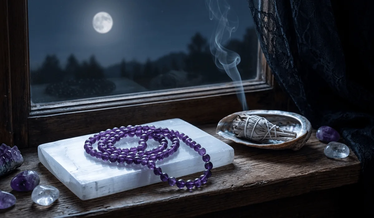 Amethyst mala beads being cleansed and charged under moonlight on a Selenite plate with sage smoke.
