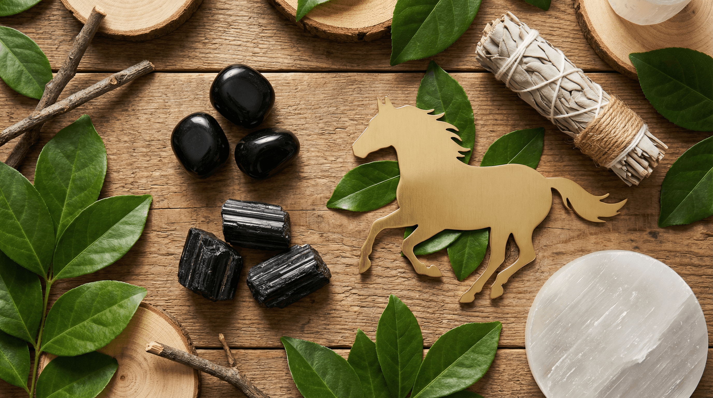 Protective crystals and Wood Horse zodiac symbols for 2026 energy grounding and spiritual cleansing.