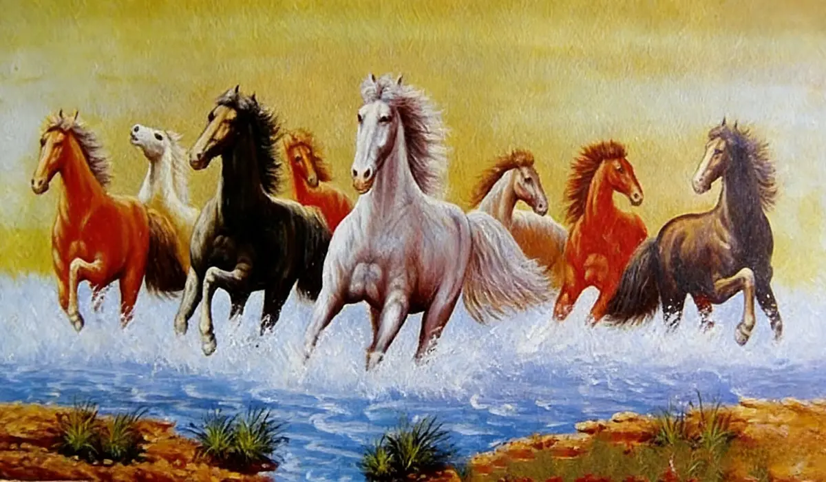 Oil painting of eight galloping horses of various colors (white, black, chestnut) splashing through shallow water, with a warm yellow sky and earthy riverbanks.