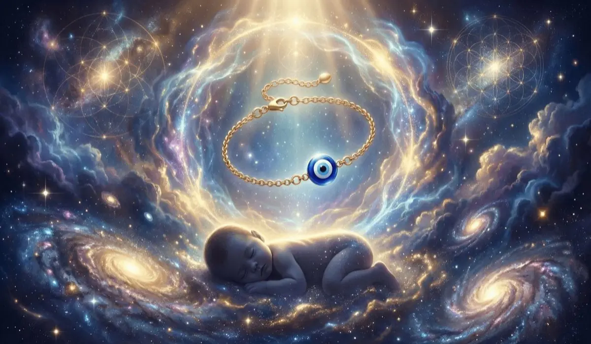Glowing gold Evil Eye bracelet floating above a sleeping baby silhouette, set against a swirling blue and gold cosmic nebula with radiant light beams.