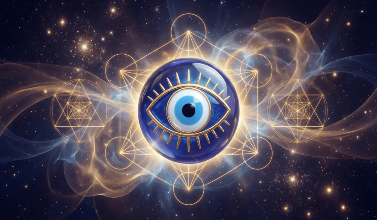 Glowing blue evil-eye sphere with golden eyelashes, surrounded by golden sacred geometry symbols and ethereal light trails against a starry cosmic background.