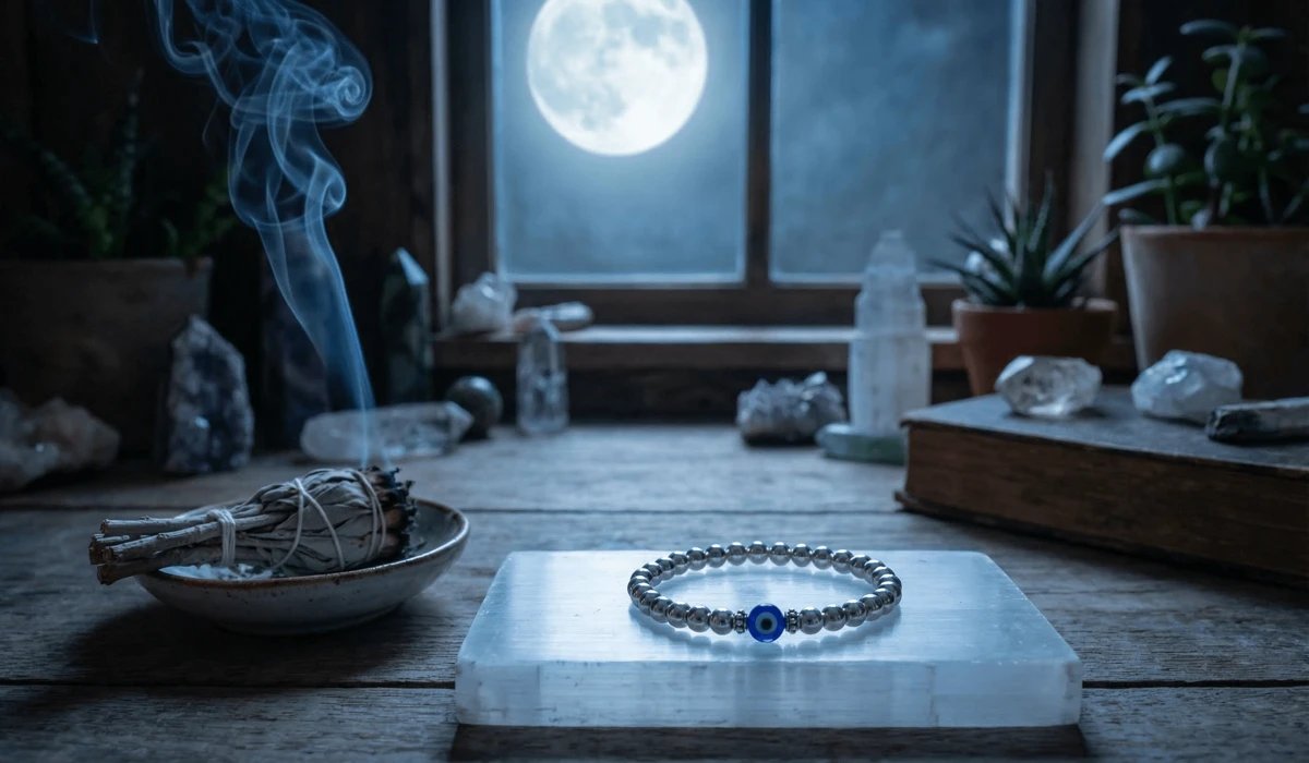 An evil eye bracelet being cleansed with sage smoke and charged on a Selenite plate under moonlight to maintain its protective vibration.