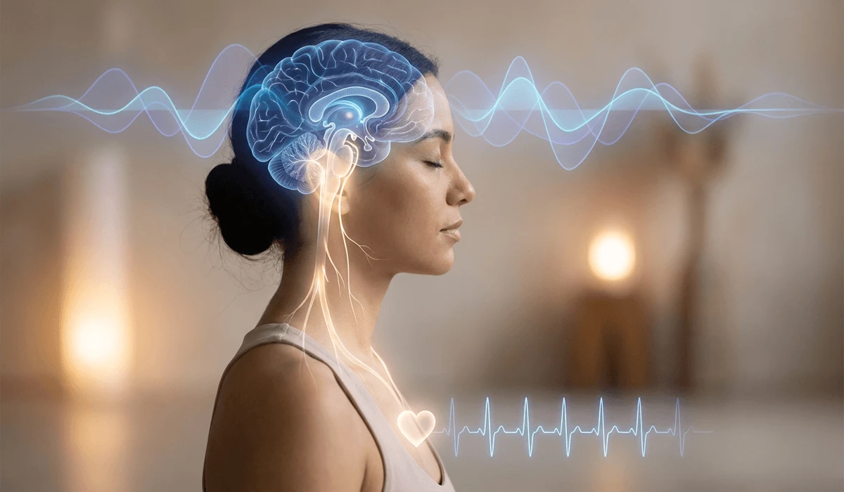 Neurobiology visualization showing vagus nerve activation and calming brainwave neuroplasticity from 108 mantra repetitions
