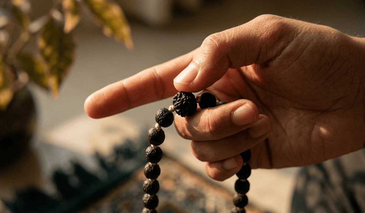 Close-up of the traditional right-hand posture for Japa meditation, showing the thumb and middle finger moving a mala bead while avoiding the index finger.