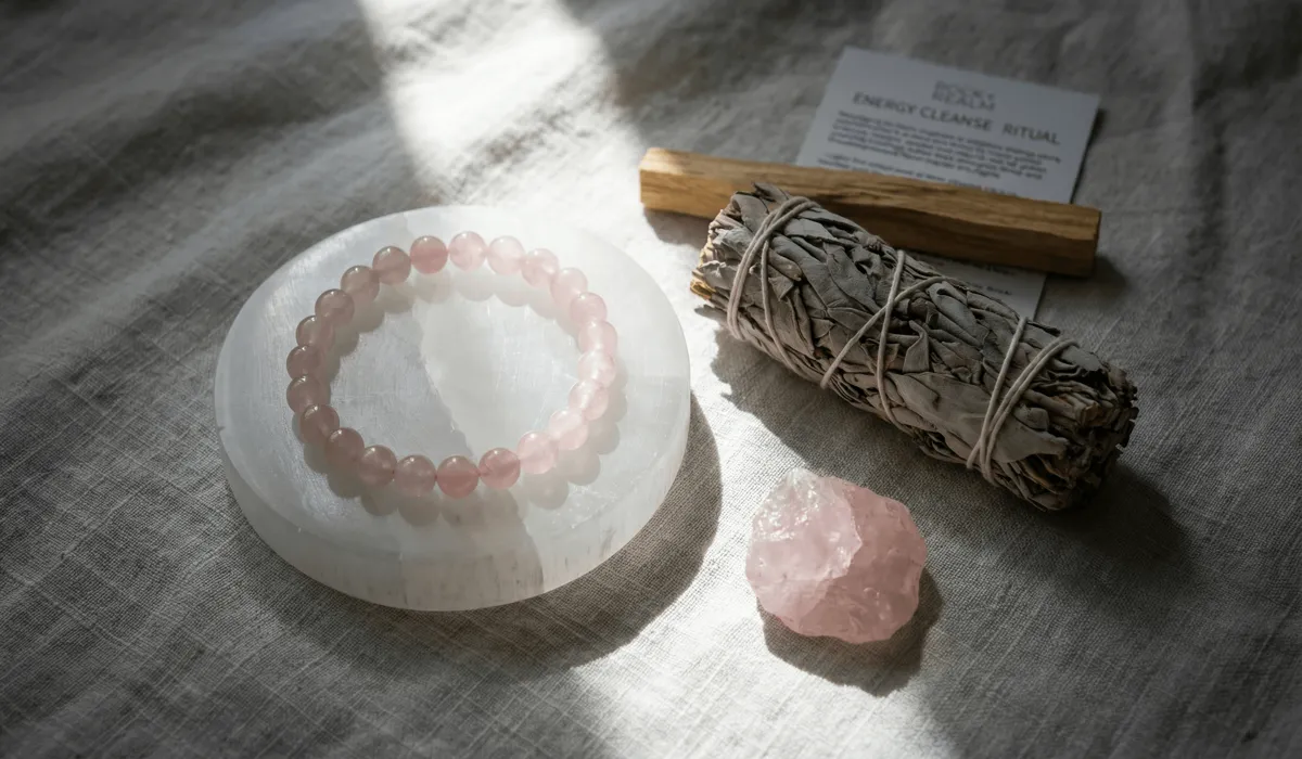 Rose quartz bracelet being cleansed on a selenite plate with sage and palo santo for energetic maintenance.