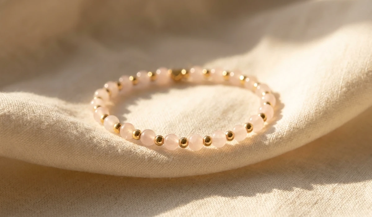 A delicate gold and rose quartz spiritual bracelet for a baby's 1st birthday, highlighting safe materials and gentle energy gemstones.