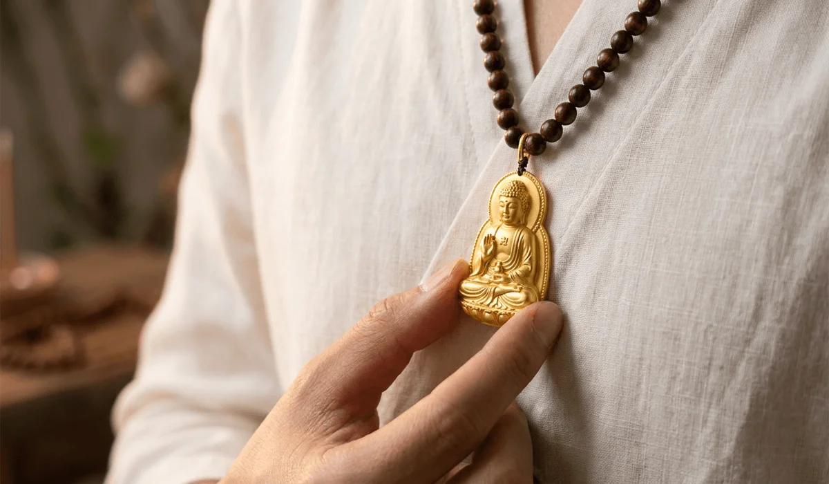 A full Buddha pendant worn respectfully above heart level on natural linen clothing, demonstrating proper spiritual placement etiquette.