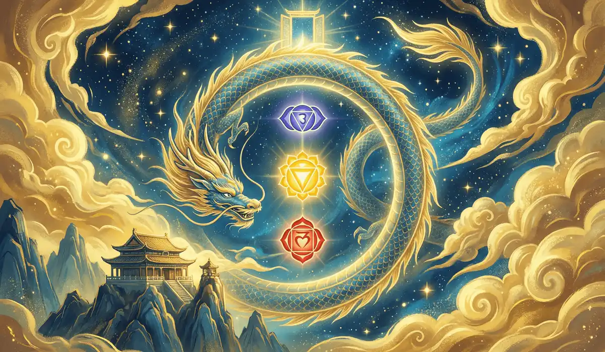 Spiritual illustration of a celestial dragon representing chakra alignment and divine wisdom.
