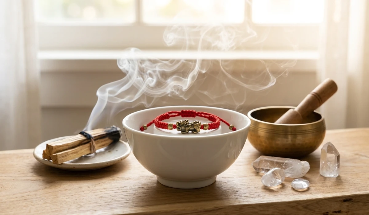 A spiritual cleansing ritual for a Pixiu bracelet using Palo Santo smoke and crystals to charge its wealth-attracting energy.