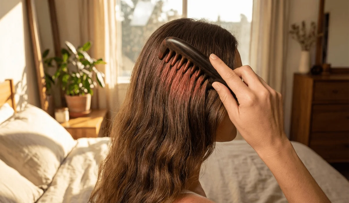 A person using an ebony wood comb for scalp massage to stimulate blood flow and promote hair growth during a daily ritual.