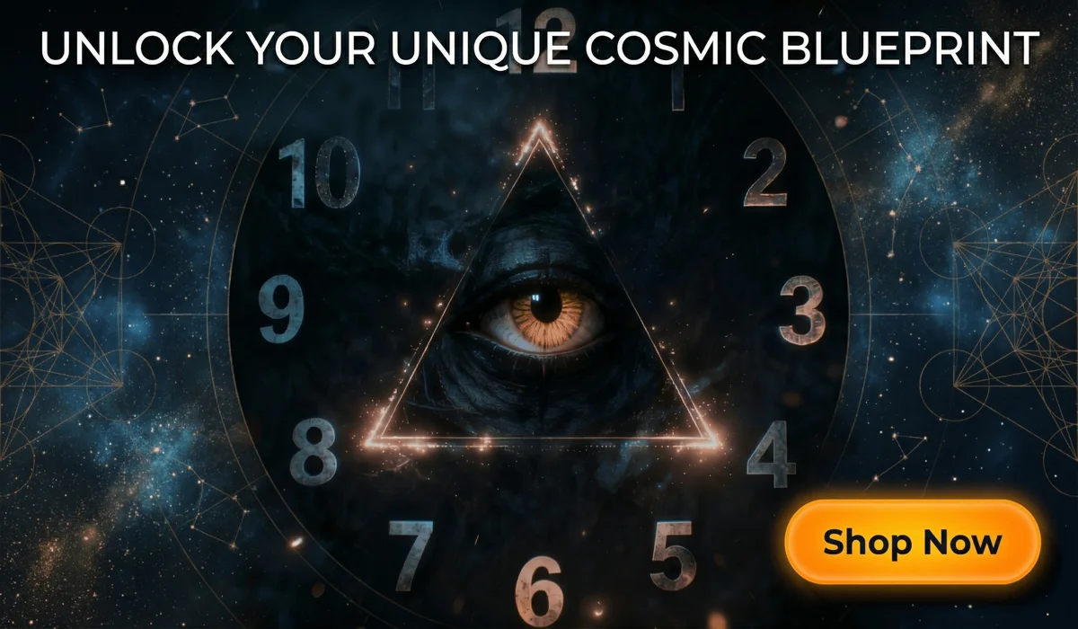 Free personalized birth chart report featuring a mystical cosmic eye clock design with Shop Now button