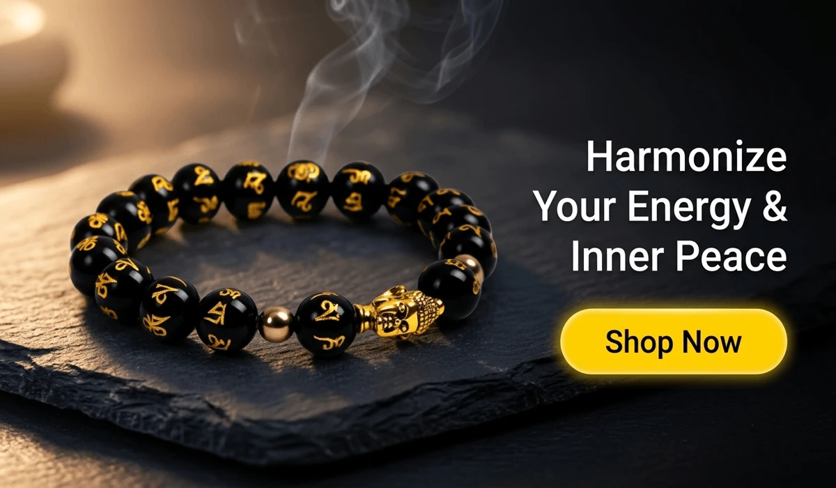 Obsidian Buddha Protection Bracelet featuring black beads with gold mantras and golden Buddha head charm for spiritual energy and peace