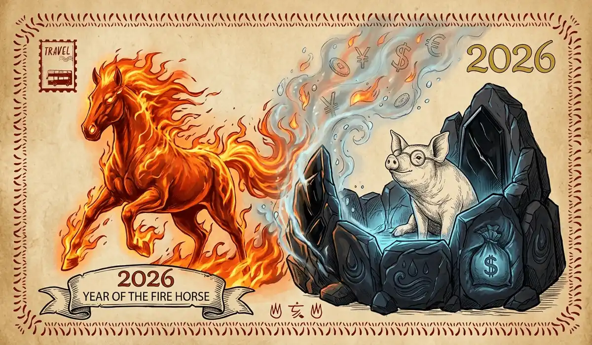 Visual representation of the Pig zodiac sign navigating the 2026 Fire Horse year using Black Obsidian for grounding and protection.