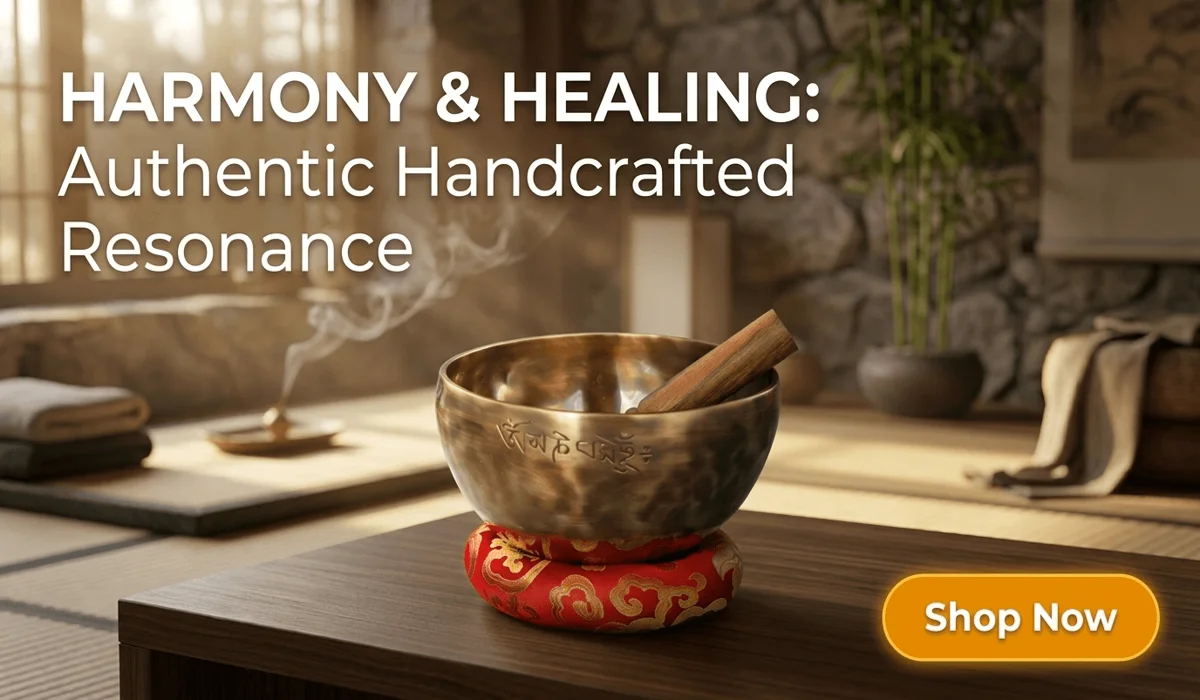 Handmade Nepalese Full Moon Singing Bowl for Sound Healing on a traditional red cushion with mallet - Authentic Zen meditation tools for home wellness