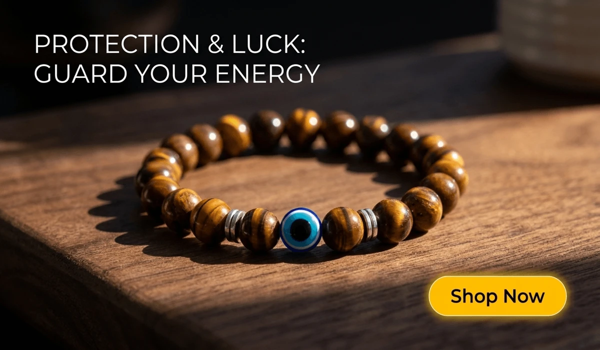 Negativity-Blocking Evil-Eye Tiger's Eye Bracelet on a luxury wooden background with a Shop Now button, representing protection and steady luck.