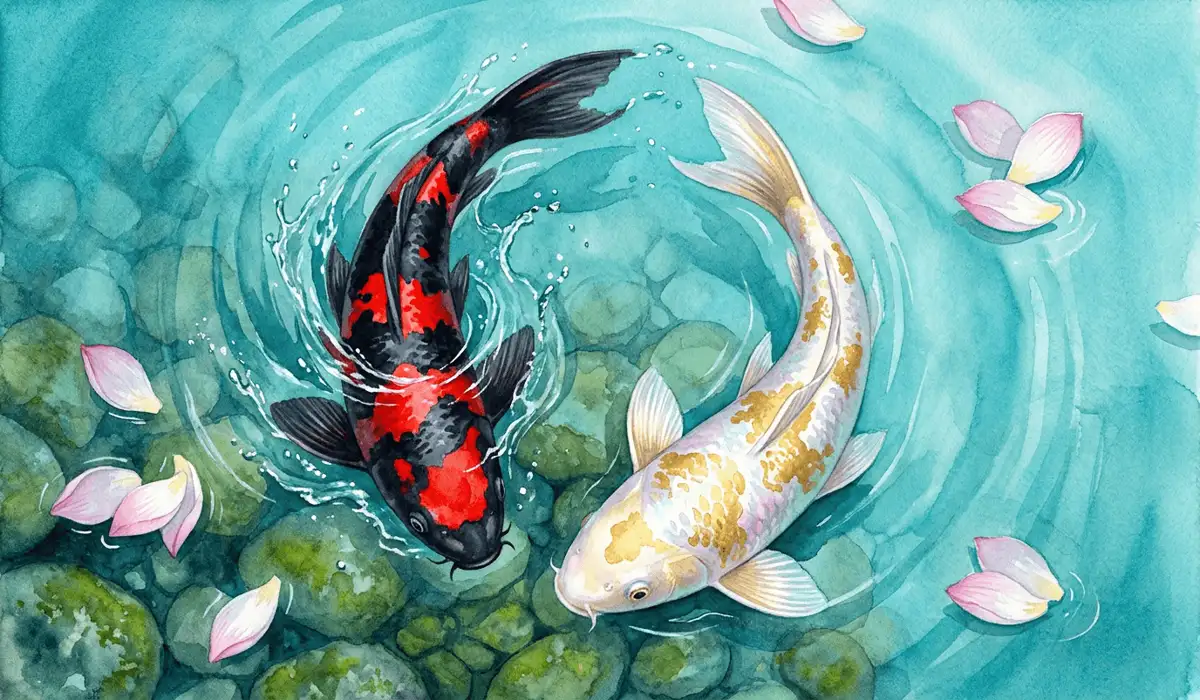 Top-down view of two koi fish swimming in opposite directions, symbolizing the Yin and Yang duality of upward struggle and downward peaceful integration.