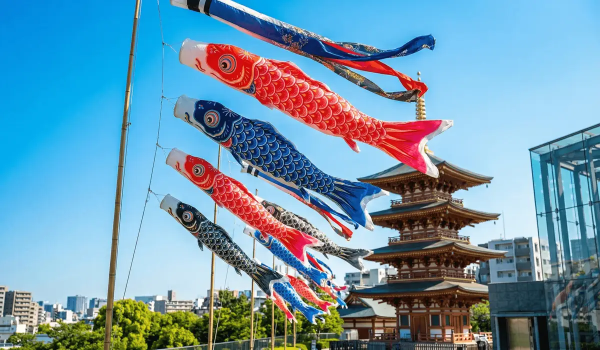 Colorful Koinobori carp streamers flying in the wind, symbolizing the Japanese tradition of bravery and family legacy.