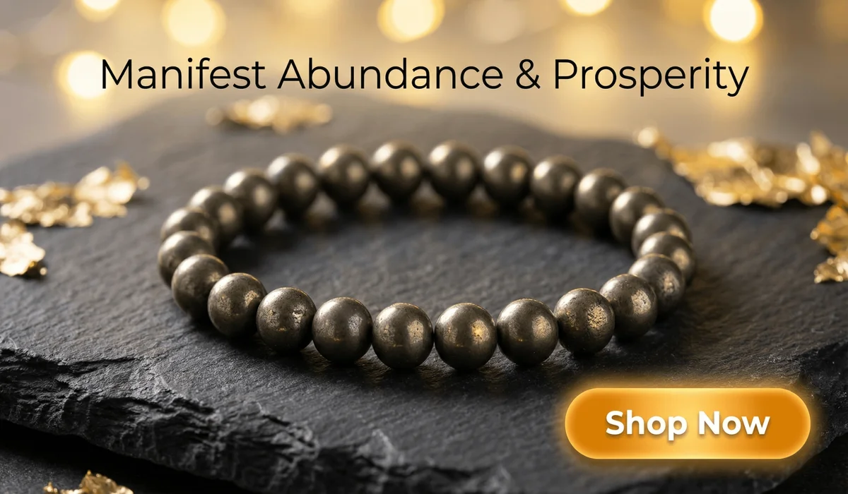 Chalcopyrite Beads Bracelet for wealth and abundance, premium lifestyle product image with Shop Now button for SEO blog content.