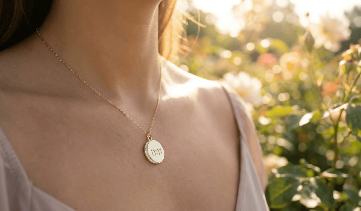 A 14k gold 1111 angel number necklace worn as a spiritual manifestation tool.