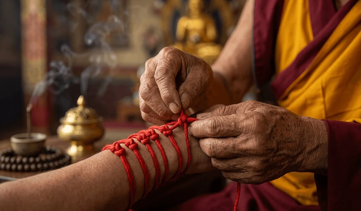 Tibetan monk tying a sacred red string bracelet with 7 knots in a temple setting, representing spiritual protection and blessing.