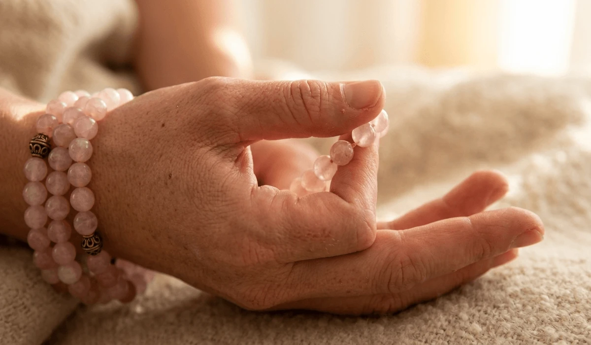 Close-up of hands using rose quartz prayer beads for mantra meditation, showing the mala wrapped around the wrist as a healing bracelet.