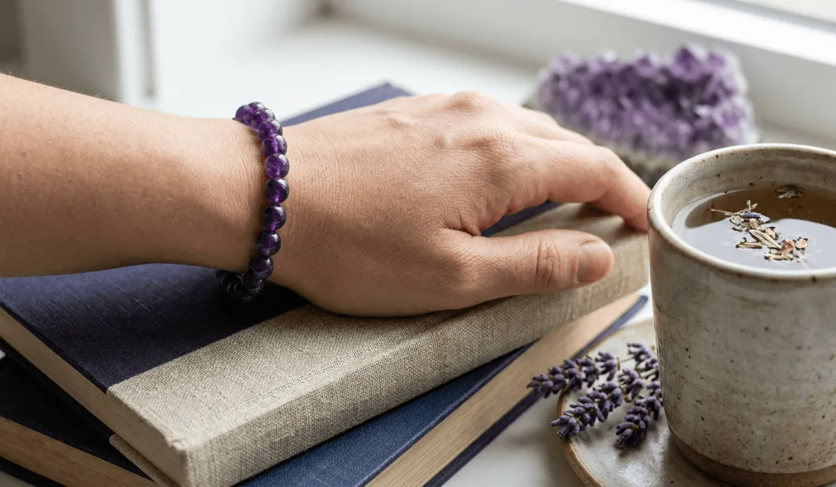 Elegant amethyst bead bracelet worn on the left hand for daily stress relief and emotional balance.
