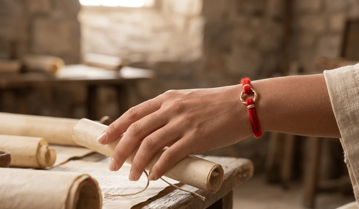 A minimalist scarlet red string bracelet tied on a wrist, symbolizing spiritual protection and ancient tradition.