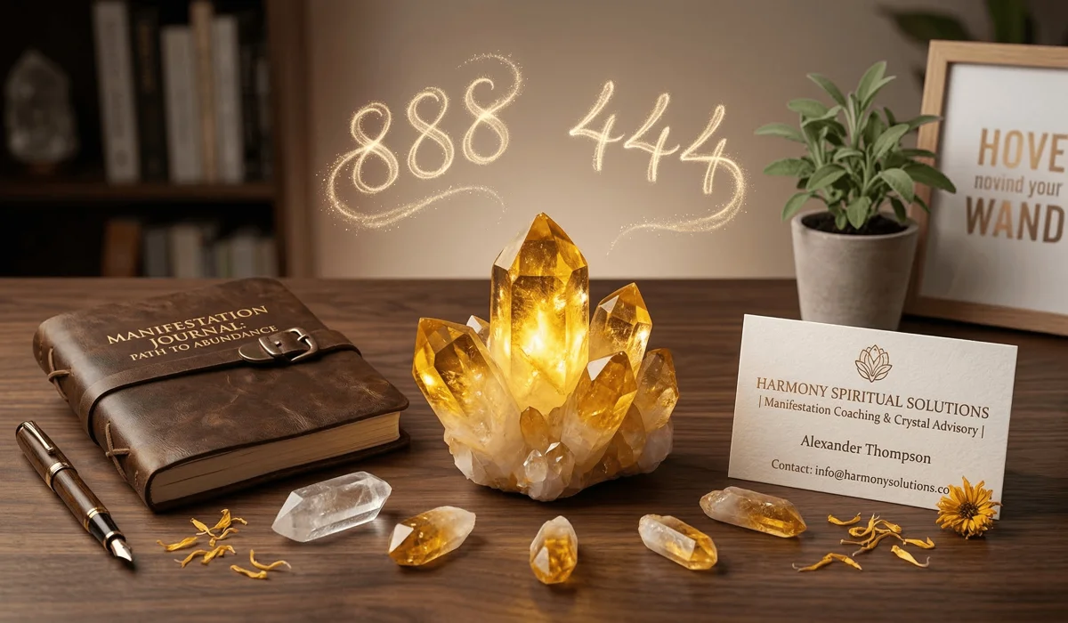 A business manifestation ritual featuring a Citrine crystal and glowing 888 and 444 angel numbers for financial ROI.
