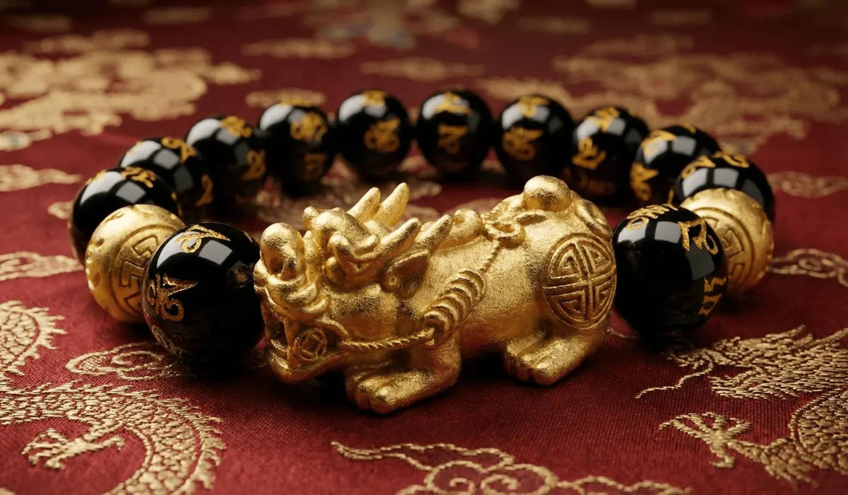 A_detailed_Black_Obsidian_and_gold_Pixiu_wealth_bracelet,_highlighting_the_traditional_dragon-headed_celestial_creature_design.
