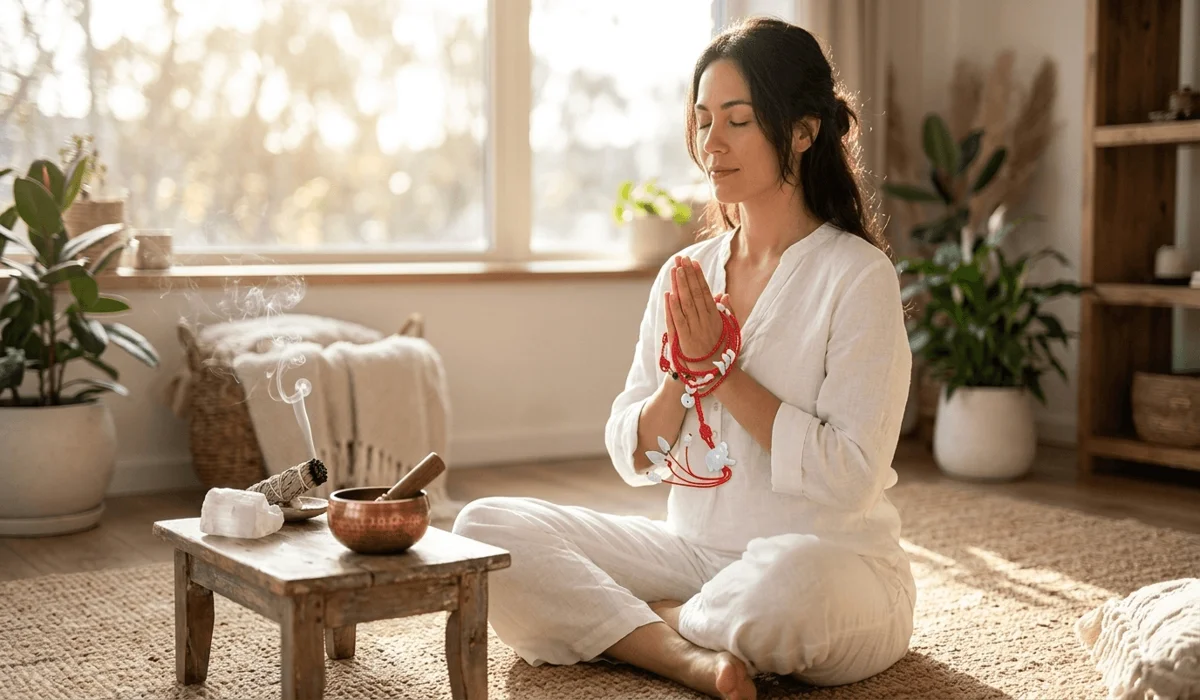 A woman performing a spiritual intention-setting ritual with a red string belly chain and cleansing crystals.