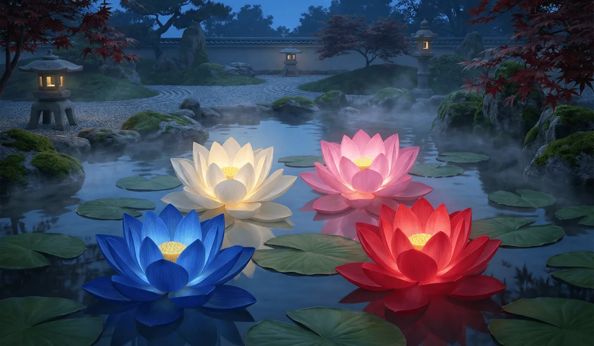 A collection of white, pink, blue, and red lotus flowers on a pond representing different spiritual virtues.