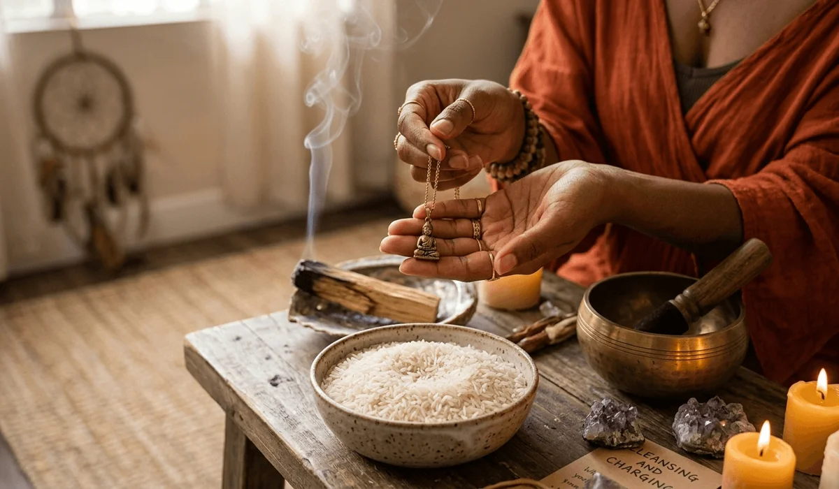 Cleansing a Buddha pendant with raw rice and palo santo smoke to maintain its spiritual energy.