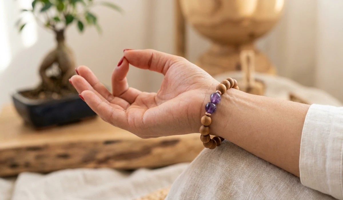 A person wearing a sandalwood and amethyst bracelet on their left hand, demonstrating how to use spiritual jewelry as a tool for mindfulness and emotional resilience.