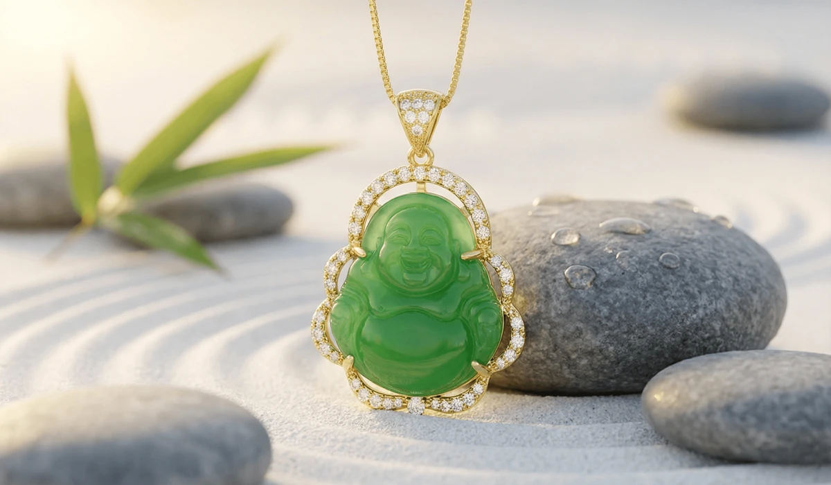 A green jade Buddha necklace symbolizing peace and enlightenment set against a Zen garden background.