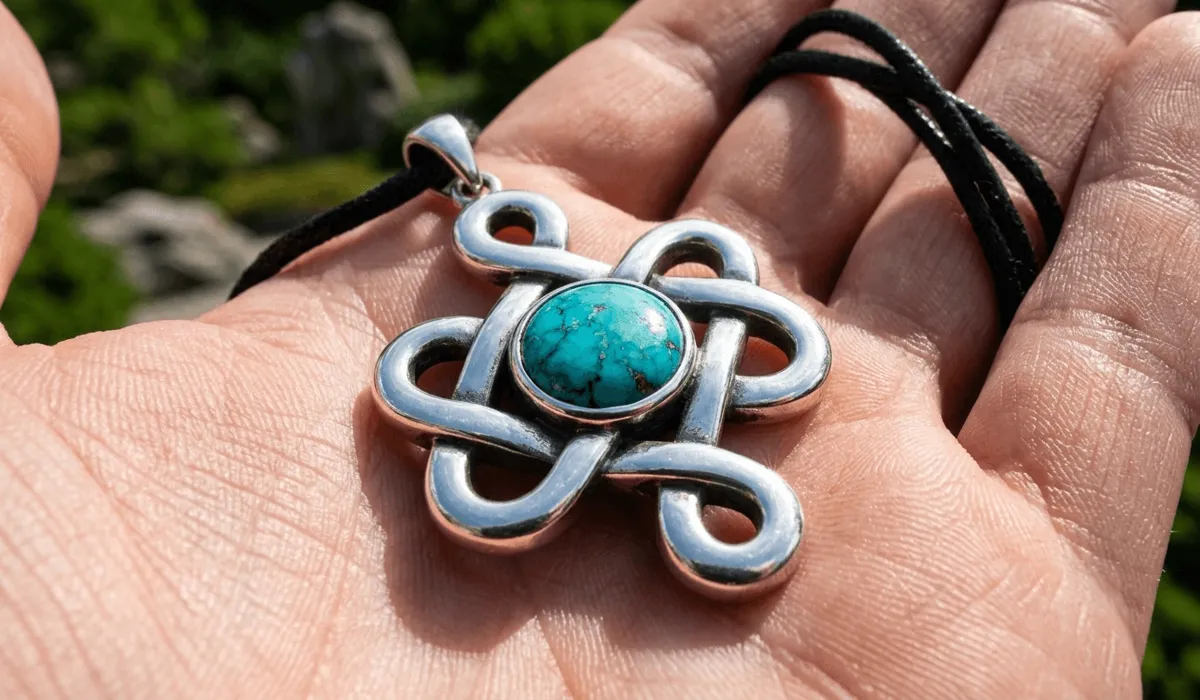 Close-up of a handcrafted Eternal Knot jewelry pendant used as a spiritual talisman for protection and heart chakra alignment.