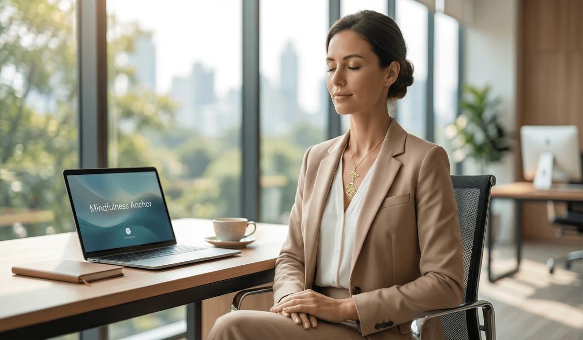 A modern woman wearing a gold Mystic Knot pendant as a protective talisman for mindfulness and energy balance at work.