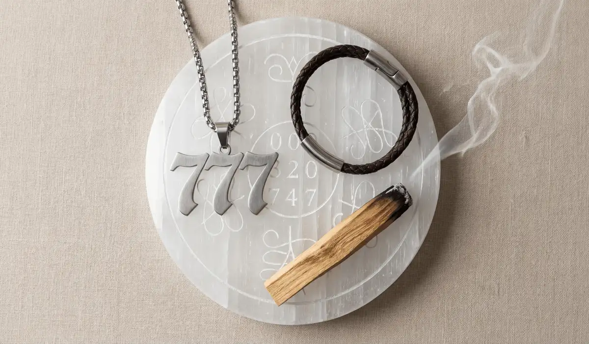 A collection of men's angel number jewelry being cleansed on a selenite plate with palo santo.