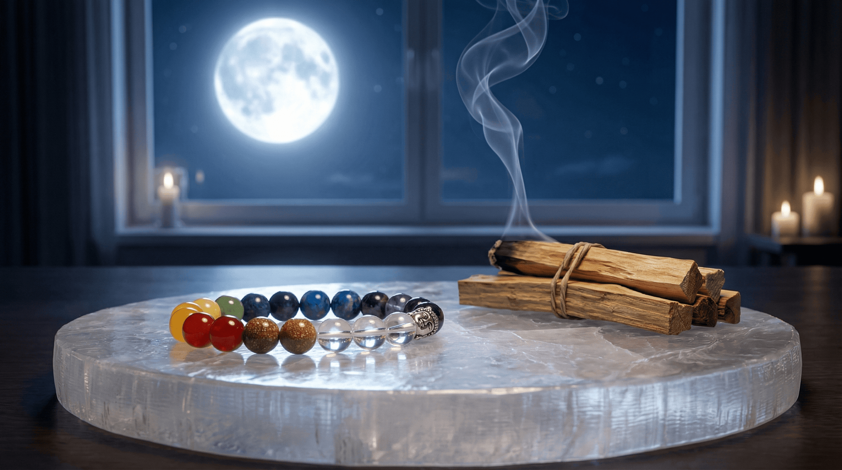 Cleansing a 7 chakra bracelet with Palo Santo smoke and a Selenite charging plate under moonlight to reset stone vibrations.