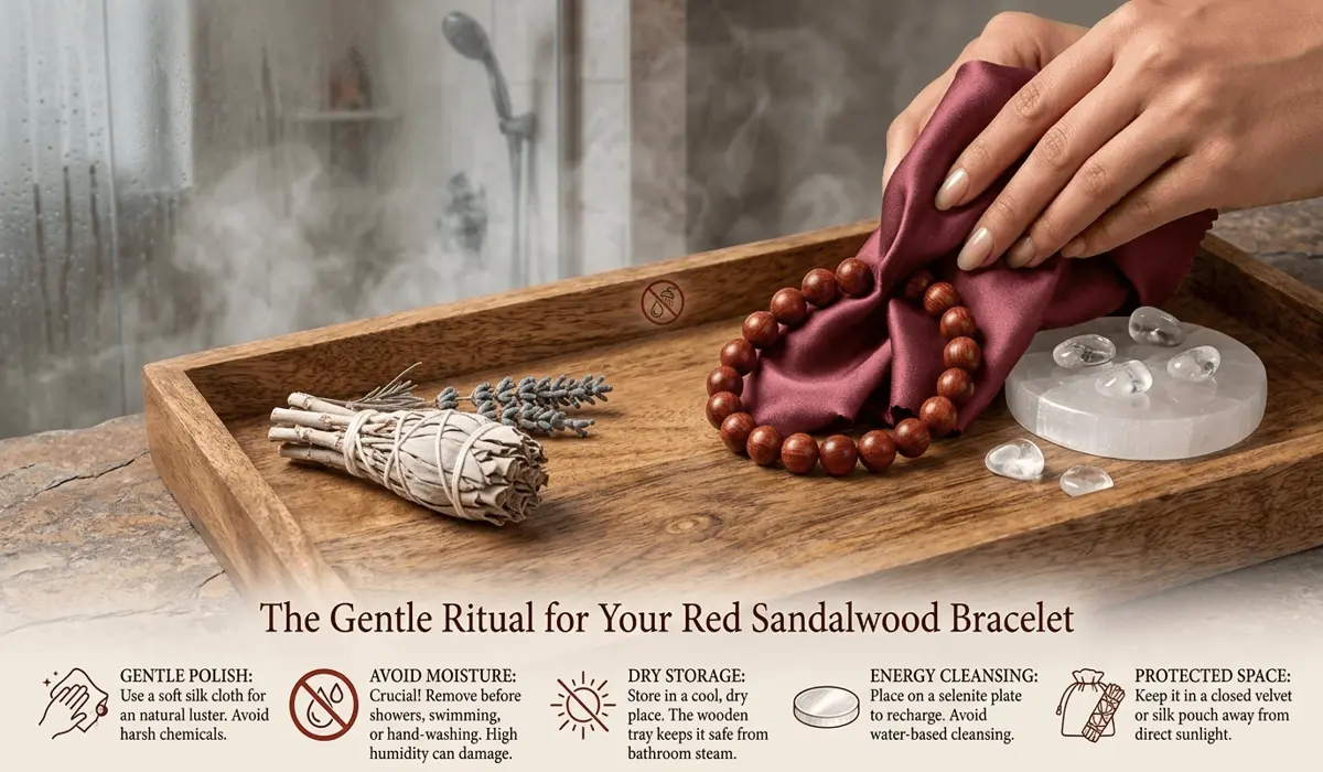 Proper maintenance of red sandalwood jewelry including smoke cleansing and buffing with a soft cloth to maintain luster.