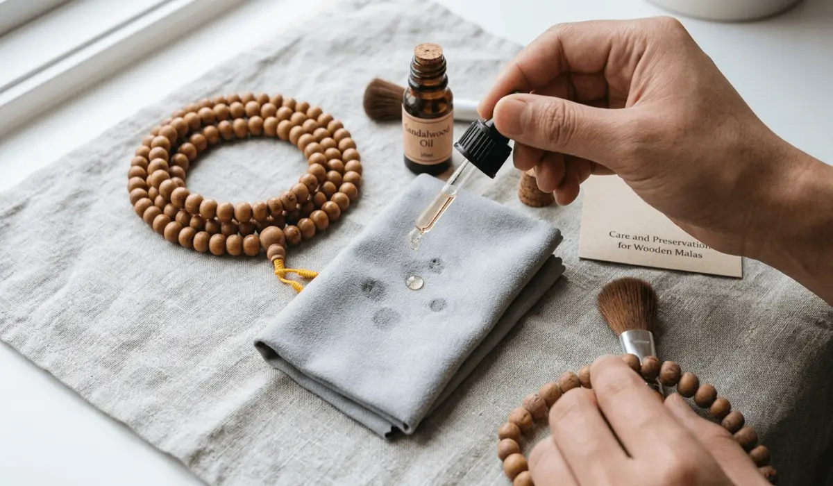 A person re-conditioning wooden mala beads with natural oil and a soft cloth for sacred jewelry preservation.