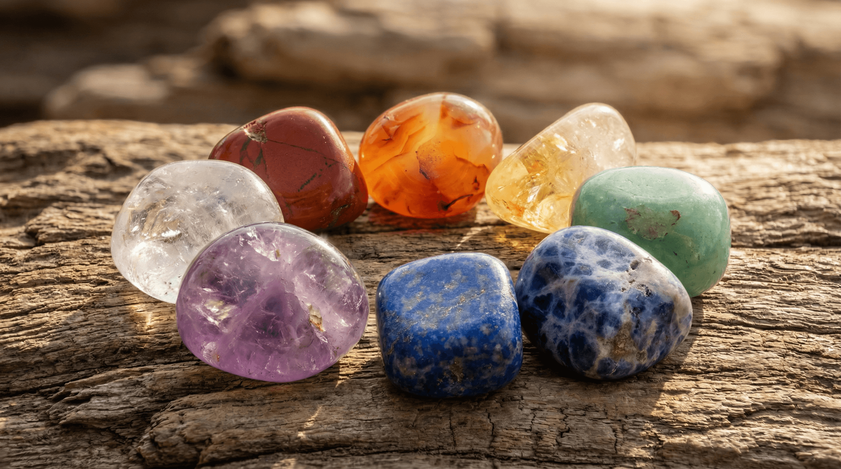Authentic 7 chakra stones including Amethyst and Red Jasper showing natural mineral inclusions and organic textures.